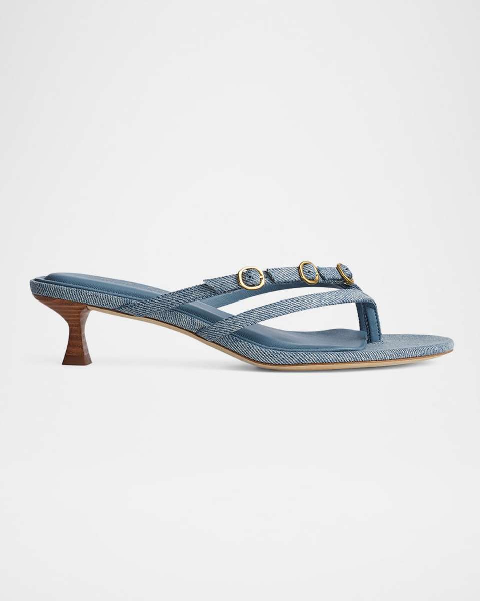 Sammie Denim Buckle Kitten-Heel Sandals